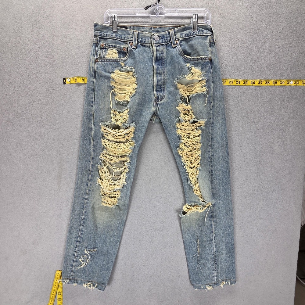 Vintage Levis 501 Jeans Mens Blue Destroyed Button Fly Made In USA Fits 30x28